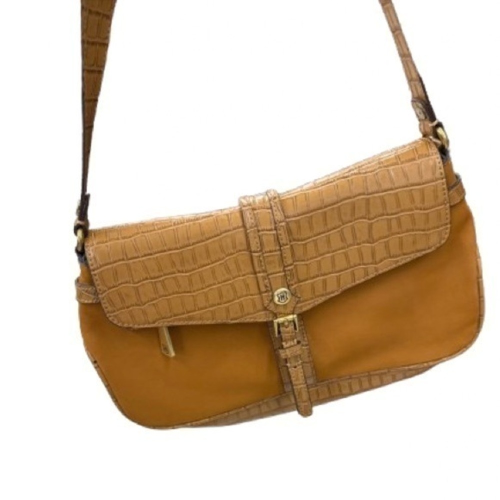 Brown Leather Nubuck Crocodile-Embossed Shoulder Bag NWOT